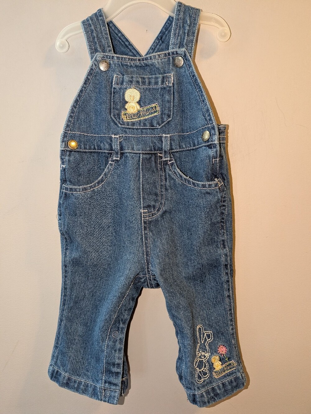 🐇 Baby Bell Vintage Blue Denim Bib Overalls W Bunny & Chick Embroidery 6 Months